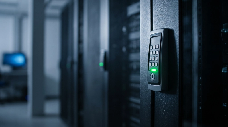 Server cabinet access keypad with green status indicator