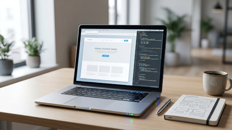 Laptop displaying a modern website design alongside code